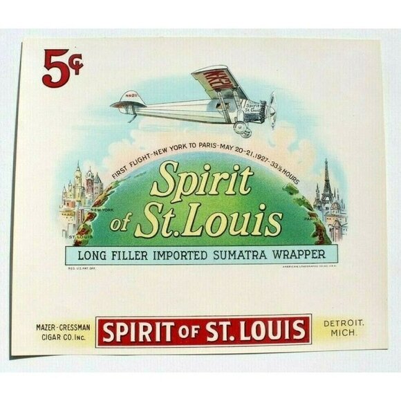 Vtg Spirit of St. Louis Cigar Box Label Charles Lindbergh's Plane Mazer Decal - Picture 1 of 2